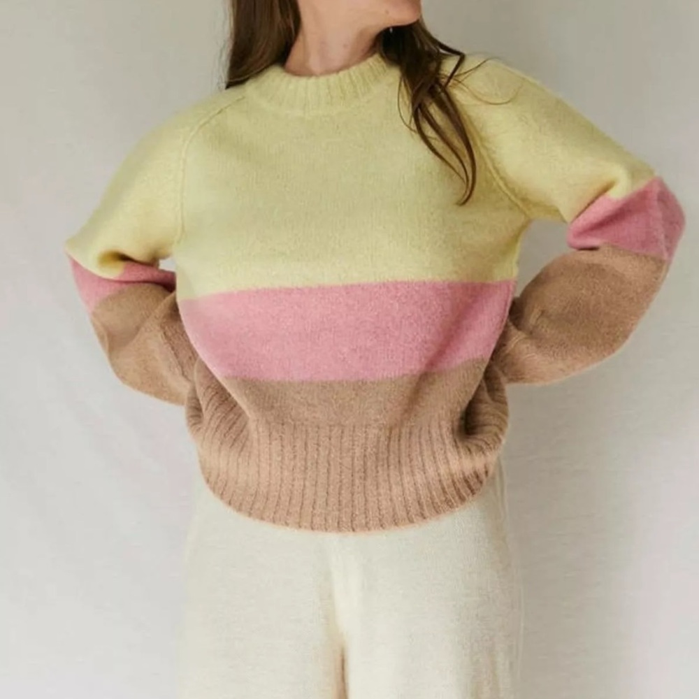 Rodebjer Colorblock Francesca Alpaca/WoolSweater - Yellow, Pink, and Tan, size S